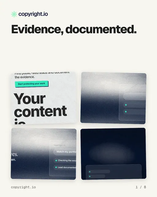 Carousel for copyright.io: "Evidence, documented.". Collection carousel, 8 slides, light palette.