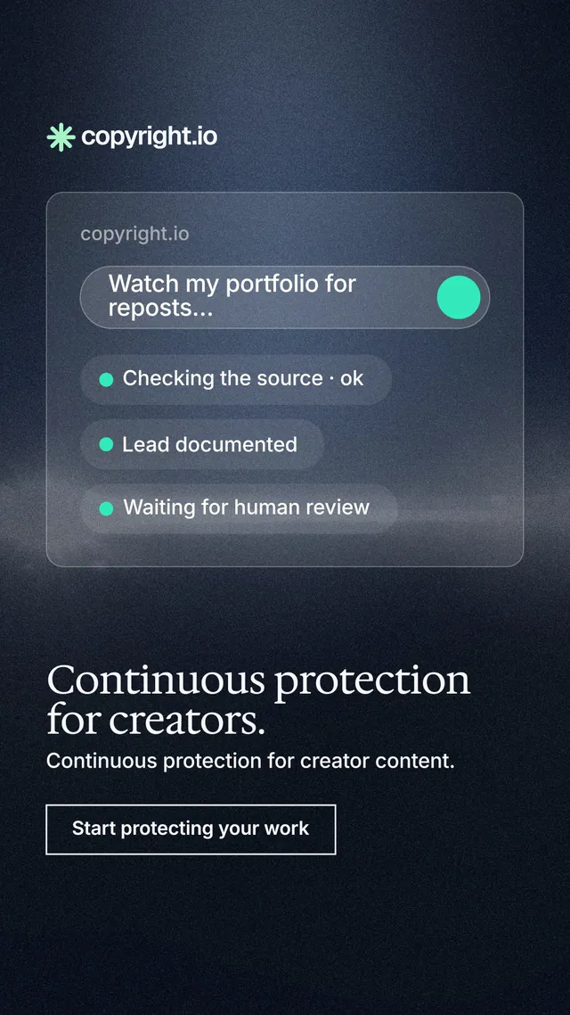 Instagram story for copyright.io: "Continuous protection for creators." Dark deco style, bottom layout, dark palette in blue, black, grey.