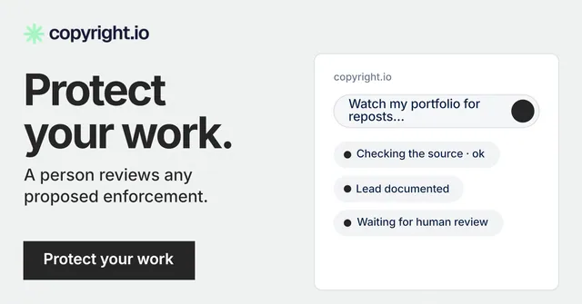 Social ad for copyright.io: "Protect your work." Swiss style, bottom layout, light palette in white, grey.