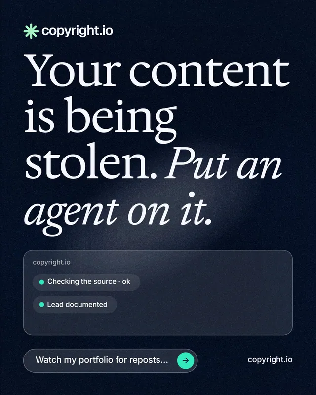 Instagram portrait post for copyright.io: "Your content is being stolen. Put an agent on it." Thermal style, poster layout, dark palette in blue, black, grey.