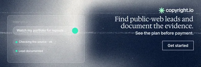 X header for copyright.io: "Find public-web leads and document the evidence." Cyanotype style, right layout, dark palette in blue, grey, white.