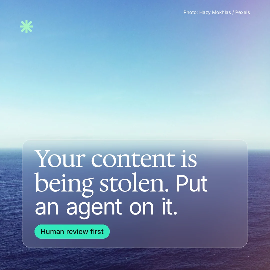 Instagram post for copyright.io: "Your content is being stolen. Put an agent on it." Glass style, technique:pexels ingredient layout, light palette in blue, teal.