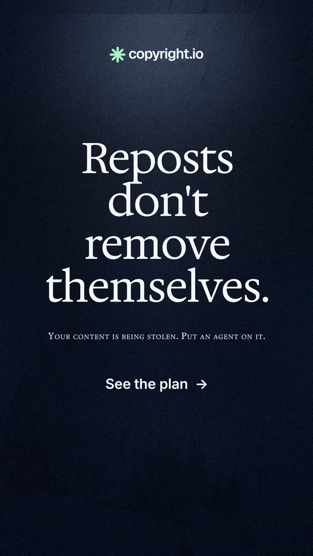 Instagram story for copyright.io: "Reposts don't remove themselves." Dark deco style, smallcaps layout, dark palette in black, blue, grey.