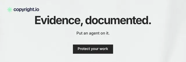 X header for copyright.io: "Evidence, documented." Swiss style, centred layout, light palette in white, grey.