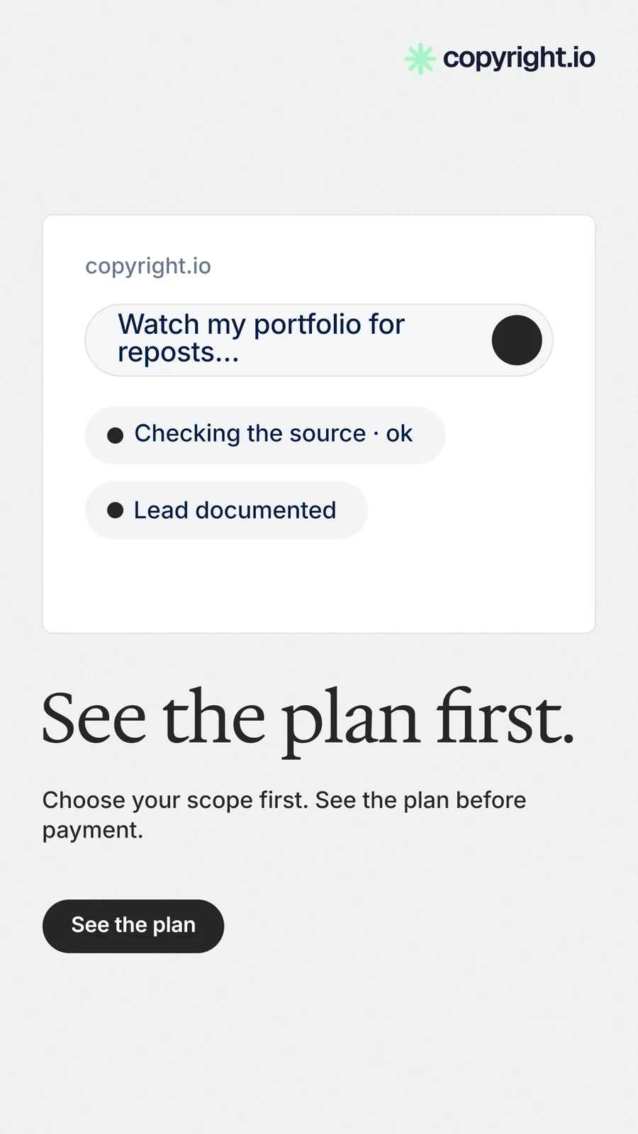 Instagram story for copyright.io: "See the plan first." Data card style, bottom layout, light palette in white.