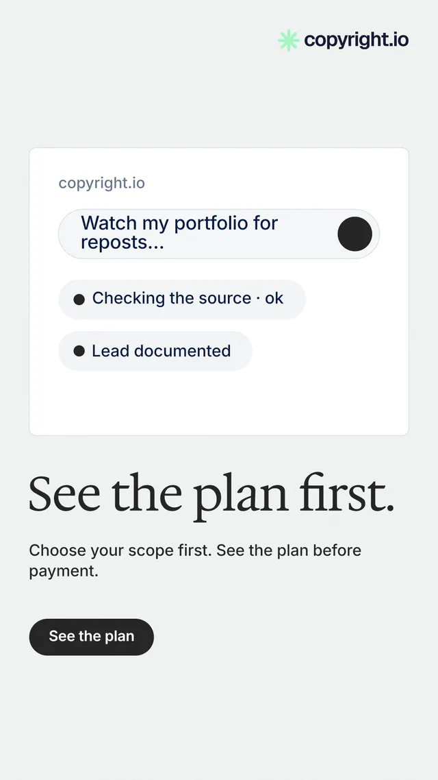 Instagram story for copyright.io: "See the plan first." Data card style, bottom layout, light palette in white.