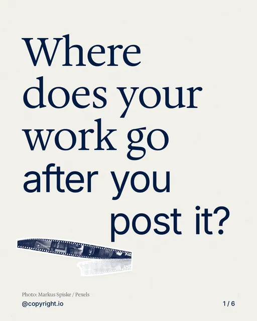 Carousel for copyright.io: "Where does your work go after you post it?". Cutout essay, 6 slides, light palette.