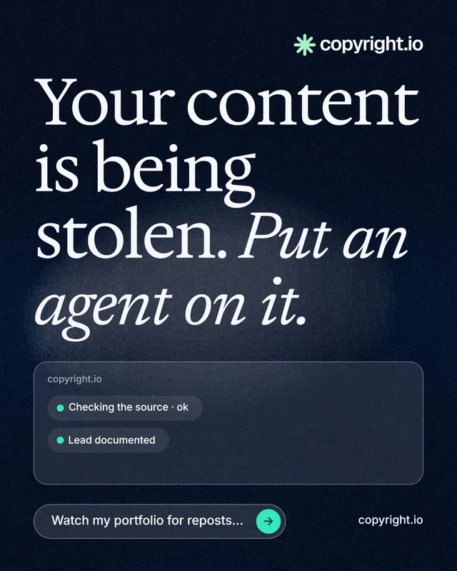 Instagram portrait post for copyright.io: "Your content is being stolen. Put an agent on it." Thermal style, poster layout, dark palette in blue, black, grey.