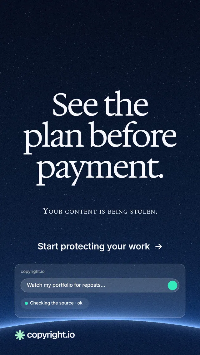 Instagram story for copyright.io: "See the plan before payment." Swiss style, smallcaps layout, dark palette in blue, black.