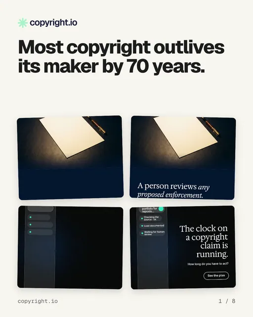 Carousel for copyright.io: "Most copyright outlives its maker by 70 years.". Collection carousel, 8 slides, light palette.