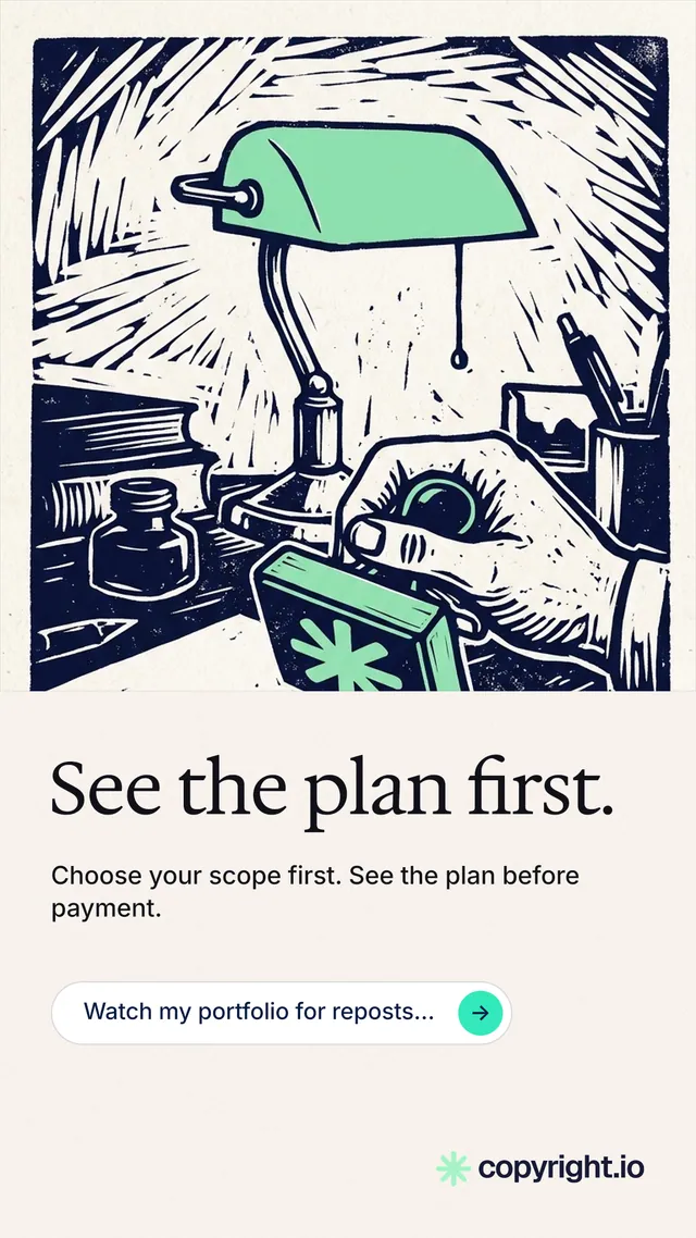 Instagram story for copyright.io: "See the plan first." Agentic glass style, bottom layout, light palette in white, grey.