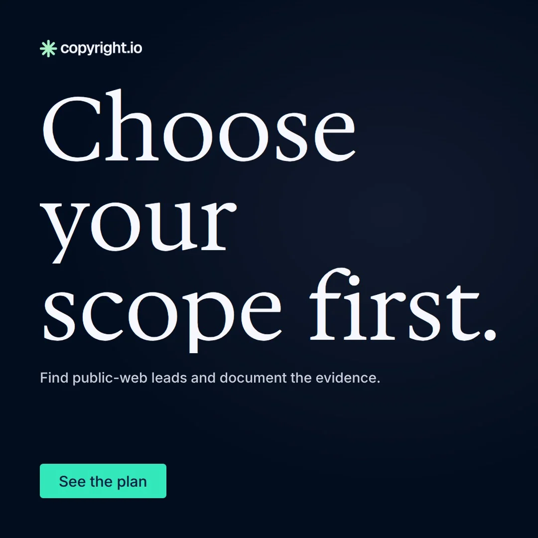Video for copyright.io: "Choose your scope first.". Doc motion loop, 7.0 s, dark palette.