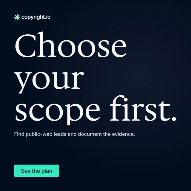 Video for copyright.io: "Choose your scope first.". Doc motion loop, 7.0 s, dark palette.