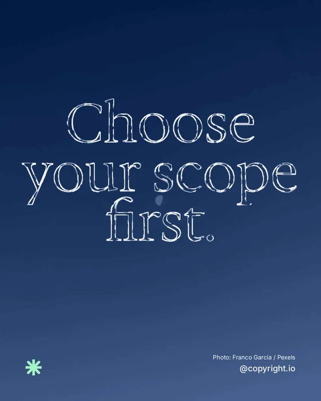 Instagram portrait post for copyright.io: "Choose your scope first." Scribble style, technique:raster type fx layout, dark palette in blue.