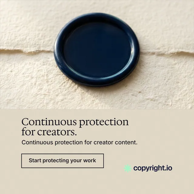 Instagram post for copyright.io: "Continuous protection for creators." Editorial style, bottom layout, light palette in orange, yellow, grey.