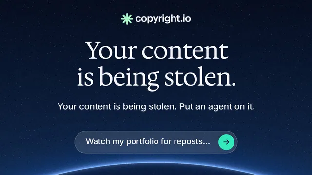 Landscape graphic for copyright.io: "Your content is being stolen." Agentic glass style, centred layout, dark palette in blue, black.