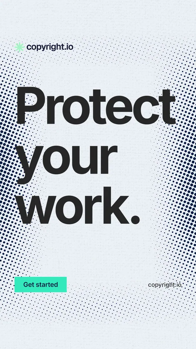 Instagram story for copyright.io: "Protect your work." Swiss style, poster layout, light palette in white, blue, grey.
