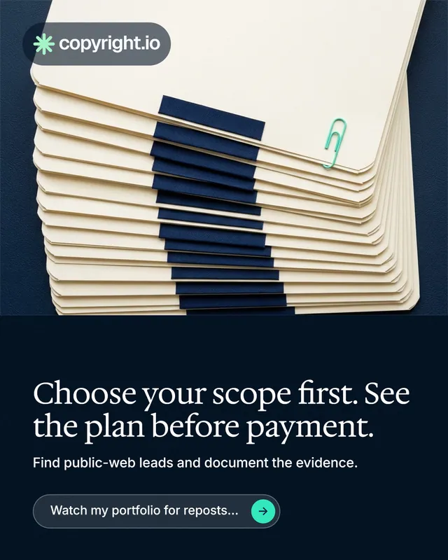 Instagram portrait post for copyright.io: "Choose your scope first. See the plan before payment." Agentic glass style, bottom layout, dark palette in yellow, black, blue.