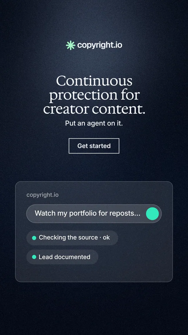 Instagram story for copyright.io: "Continuous protection for creator content." Dark deco style, centred layout, dark palette in blue, black, grey.