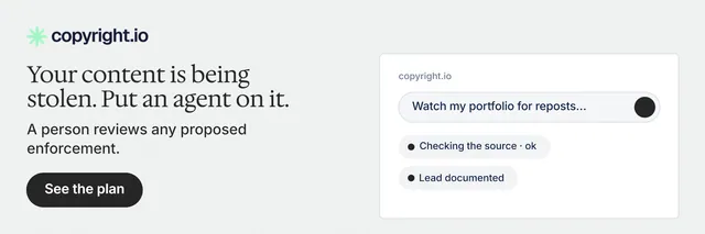 X header for copyright.io: "Your content is being stolen. Put an agent on it." Data card style, bottom layout, light palette in white.