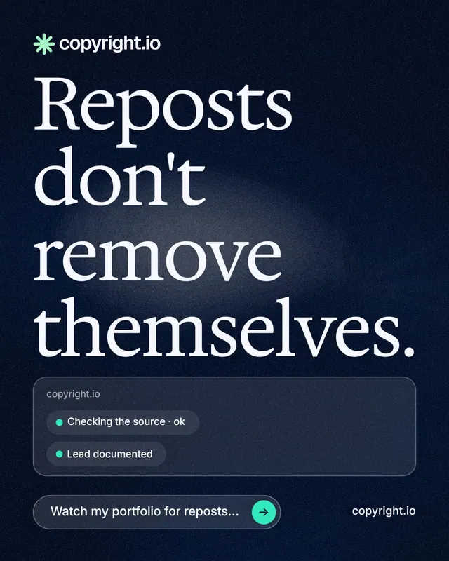 Instagram portrait post for copyright.io: "Reposts don't remove themselves." Thermal style, poster layout, dark palette in blue, black, grey.