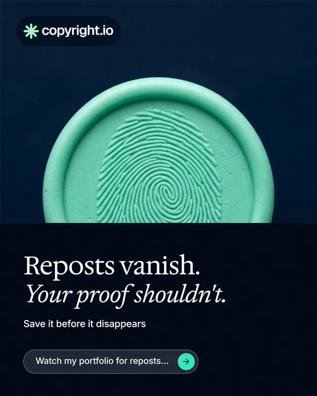 Instagram portrait post for copyright.io: "Reposts vanish. Your proof shouldn't." Agentic glass style, bottom layout, dark palette in black, blue, teal.