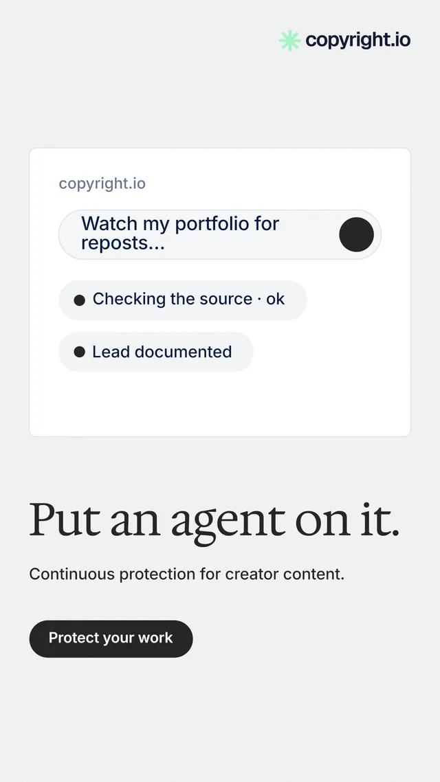 Instagram story for copyright.io: "Put an agent on it." Data card style, bottom layout, light palette in white.