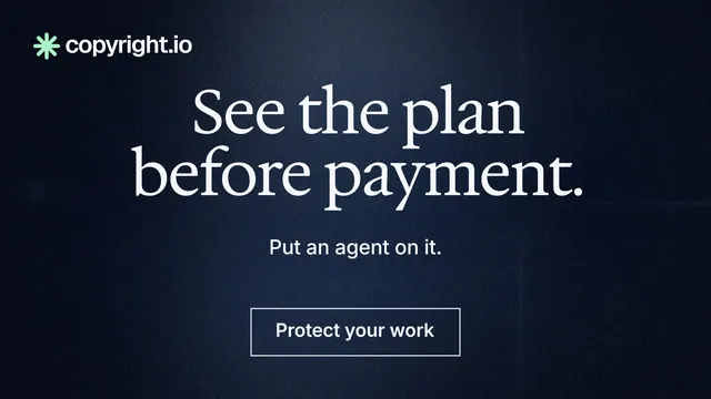 Landscape graphic for copyright.io: "See the plan before payment." Dark deco style, centred layout, dark palette in blue, black, grey.