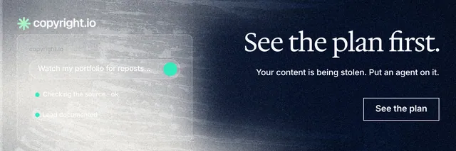 X header for copyright.io: "See the plan first." Cyanotype style, right layout, dark palette in white, black, grey.