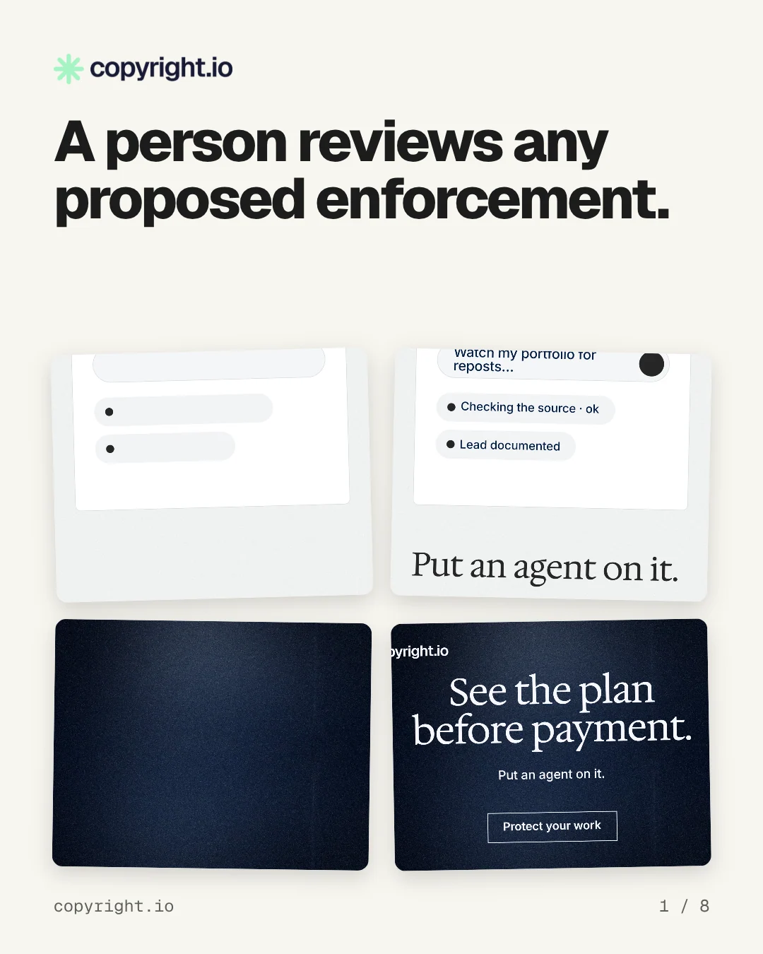Carousel for copyright.io: "A person reviews any proposed enforcement.". Collection carousel, 8 slides, light palette.