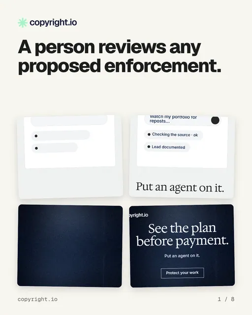 Carousel for copyright.io: "A person reviews any proposed enforcement.". Collection carousel, 8 slides, light palette.