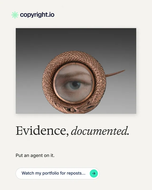 Instagram portrait post for copyright.io: "Evidence, documented." Agentic glass style, bottom layout, light palette in white, grey.