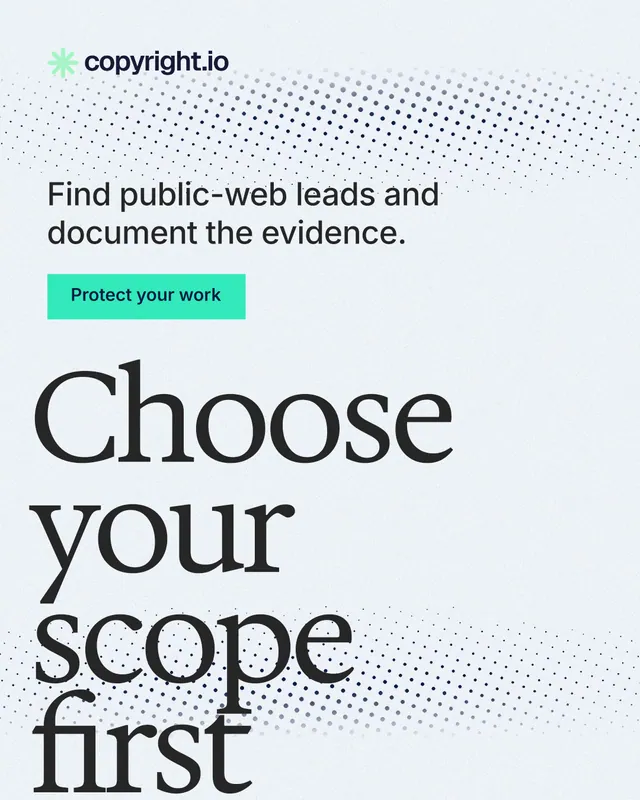 Instagram portrait post for copyright.io: "Choose your scope first." Swiss style, oversized layout, light palette in white, blue, grey.