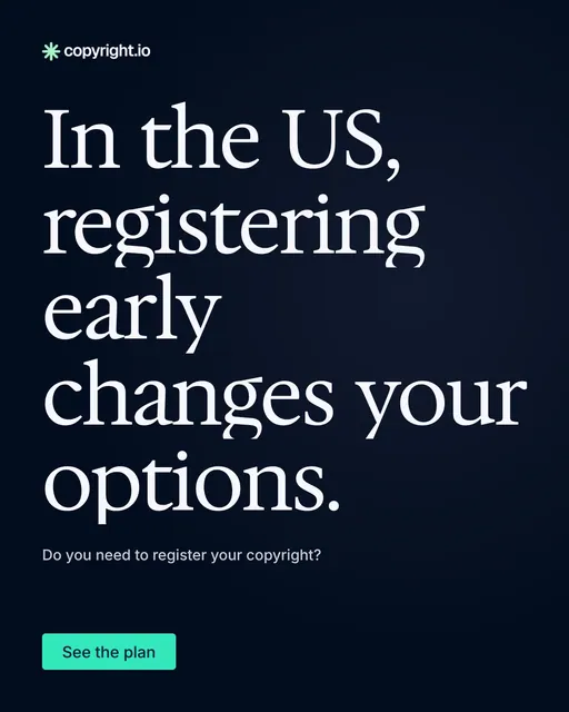 Video for copyright.io: "In the US, registering early changes your options.". Doc motion loop, 7.0 s, dark palette.