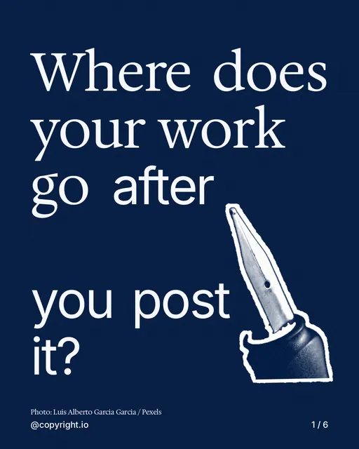 Carousel for copyright.io: "Where does your work go after you post it?". Cutout essay, 6 slides, dark palette.
