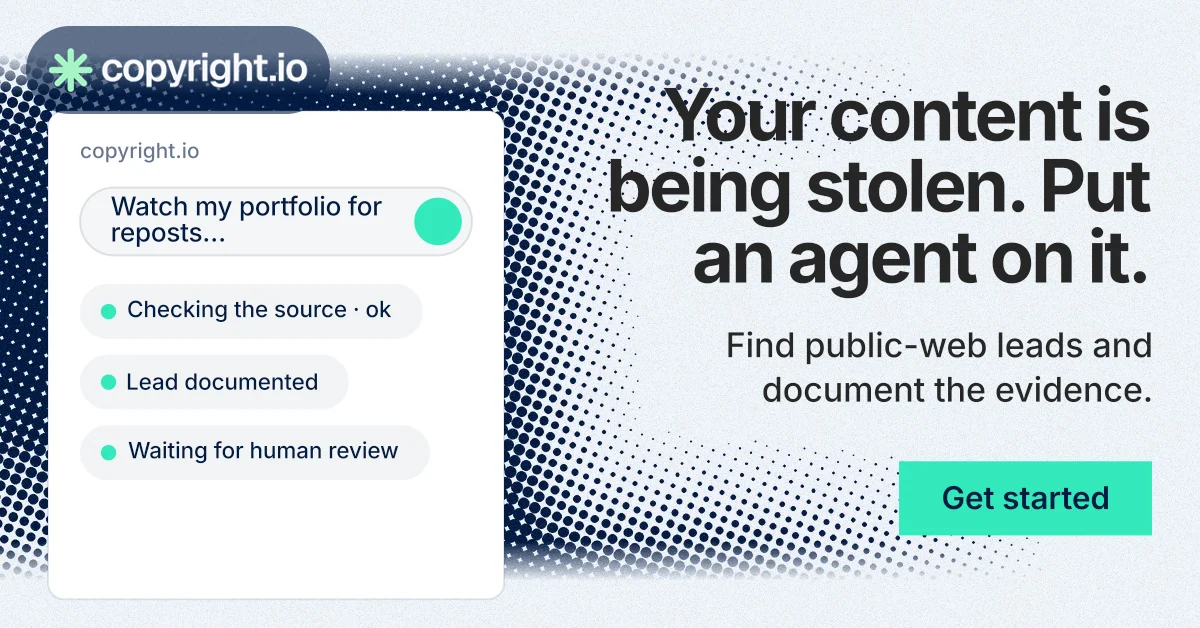 Social ad for copyright.io: "Your content is being stolen. Put an agent on it." Swiss style, right layout, light palette in white, grey, teal.