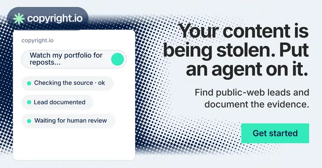 Social ad for copyright.io: "Your content is being stolen. Put an agent on it." Swiss style, right layout, light palette in white, grey, teal.