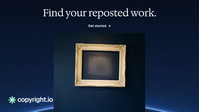 Landscape graphic for copyright.io: "Find your reposted work." Agentic glass style, ogui layout, dark palette in black, blue, grey.
