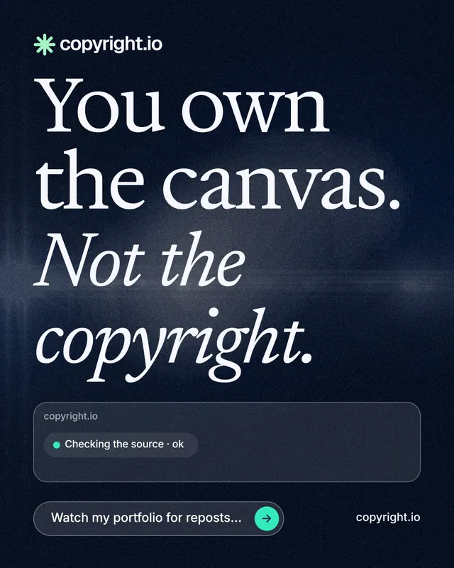 Instagram portrait post for copyright.io: "You own the canvas. Not the copyright." Thermal style, poster layout, dark palette in blue, black, grey.