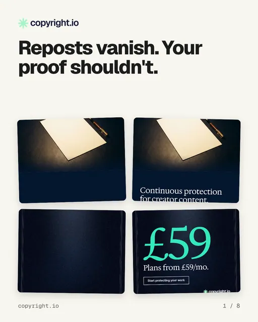Carousel for copyright.io: "Reposts vanish. Your proof shouldn't.". Collection carousel, 8 slides, light palette.