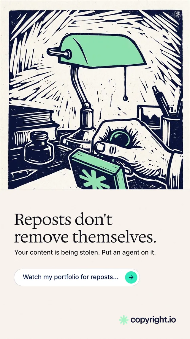 Instagram story for copyright.io: "Reposts don't remove themselves." Agentic glass style, bottom layout, light palette in white, grey.
