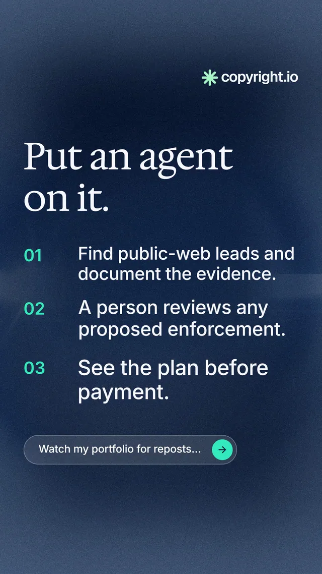 Instagram story for copyright.io: "Put an agent on it." Agentic glass style, numbered layout, dark palette in blue, grey.