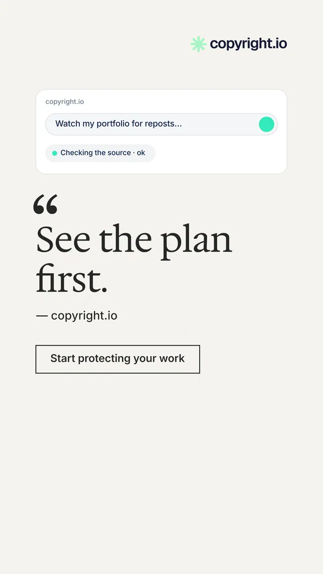 Instagram story for copyright.io: "See the plan first." Editorial style, quote layout, light palette in white.