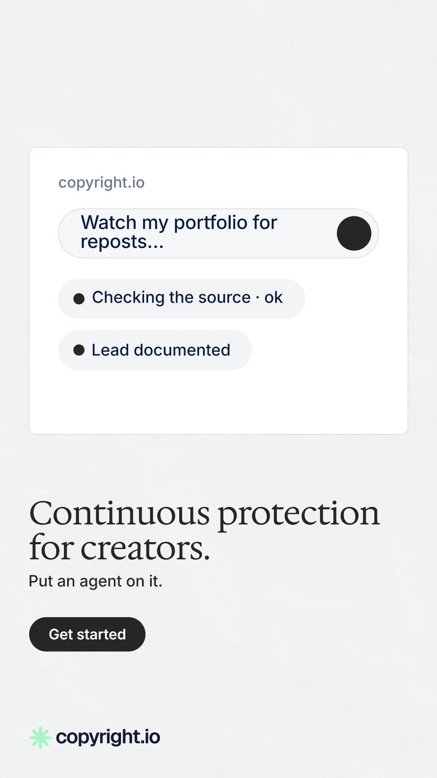 Instagram story for copyright.io: "Continuous protection for creators." Data card style, bottom layout, light palette in white, grey.