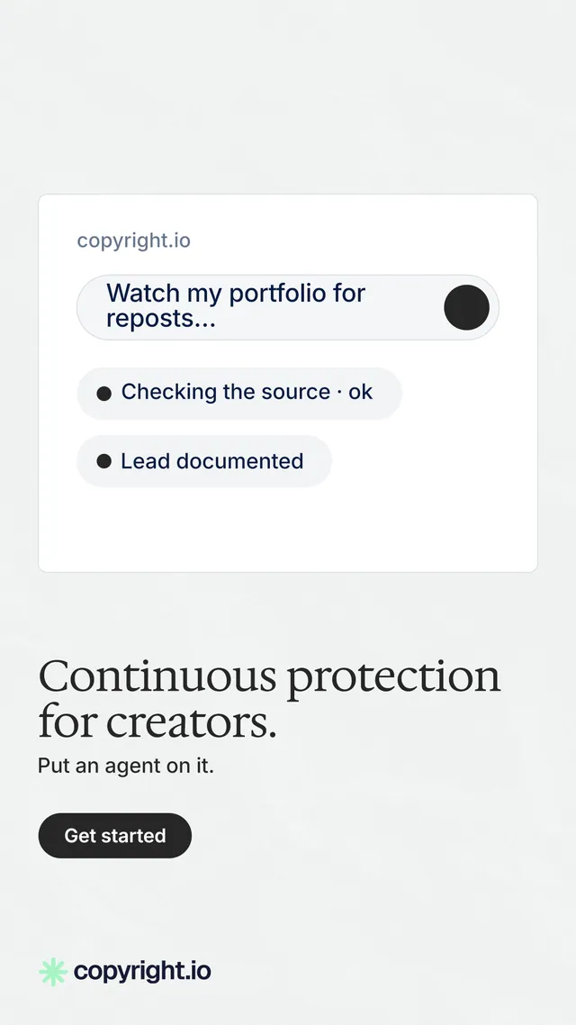 Instagram story for copyright.io: "Continuous protection for creators." Data card style, bottom layout, light palette in white, grey.