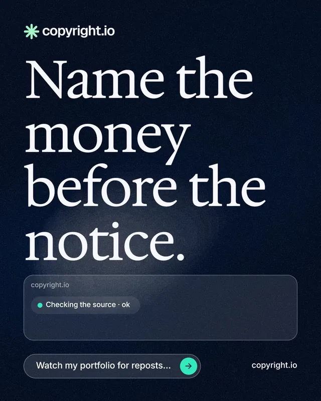 Instagram portrait post for copyright.io: "Name the money before the notice." Thermal style, poster layout, dark palette in black, blue, grey.