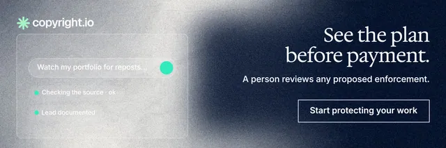 X header for copyright.io: "See the plan before payment." Cyanotype style, right layout, light palette in black, blue, grey.