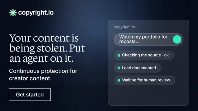 Landscape graphic for copyright.io: "Your content is being stolen. Put an agent on it." Dark deco style, bottom layout, dark palette in black, blue, grey.