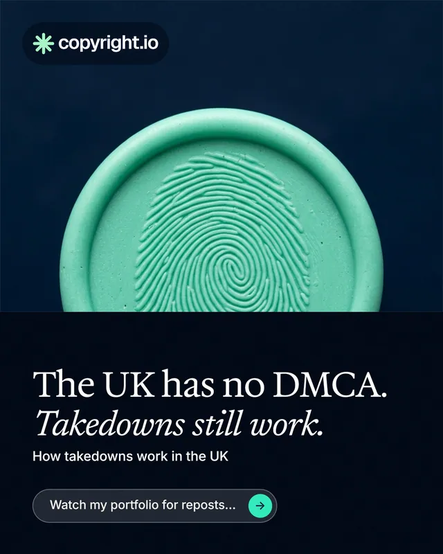 Instagram portrait post for copyright.io: "The UK has no DMCA. Takedowns still work." Agentic glass style, bottom layout, dark palette in black, teal, blue.