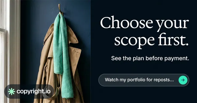 Social ad for copyright.io: "Choose your scope first." Agentic glass style, right layout, dark palette in black, grey.